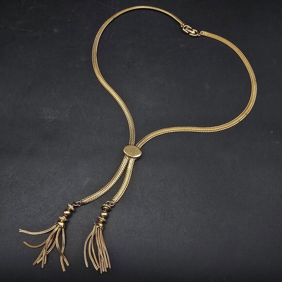 Monet Gold Tone Lariat Necklace Slide Pendant Tassel Chain Vintage - Picture 1 of 7